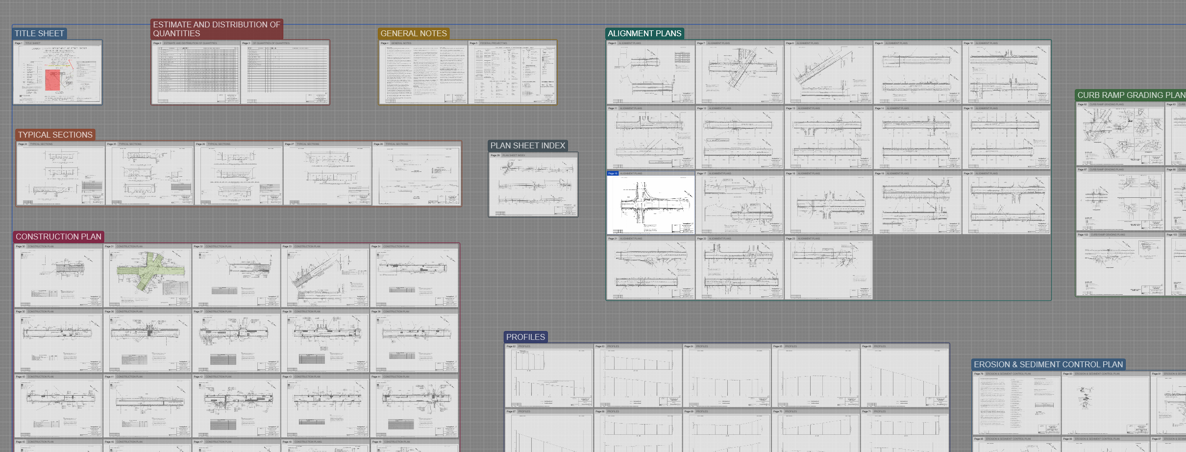 The Intuitive Takeoff plan workspace with plan pages grouped by trade