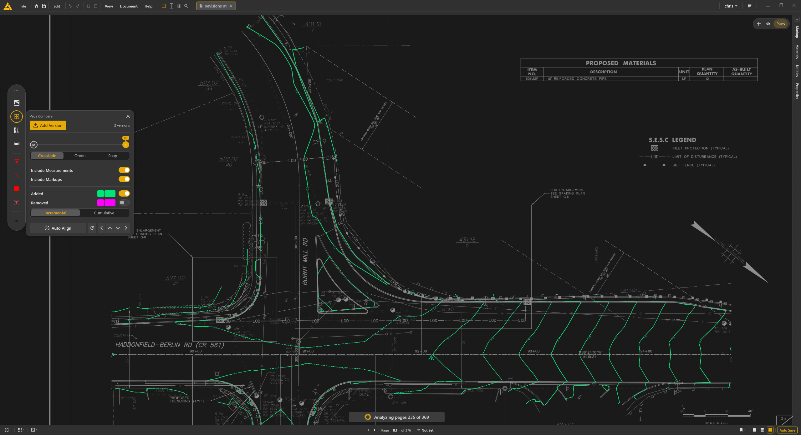 Revision compare overlay highlighting added and removed changes between plan versions