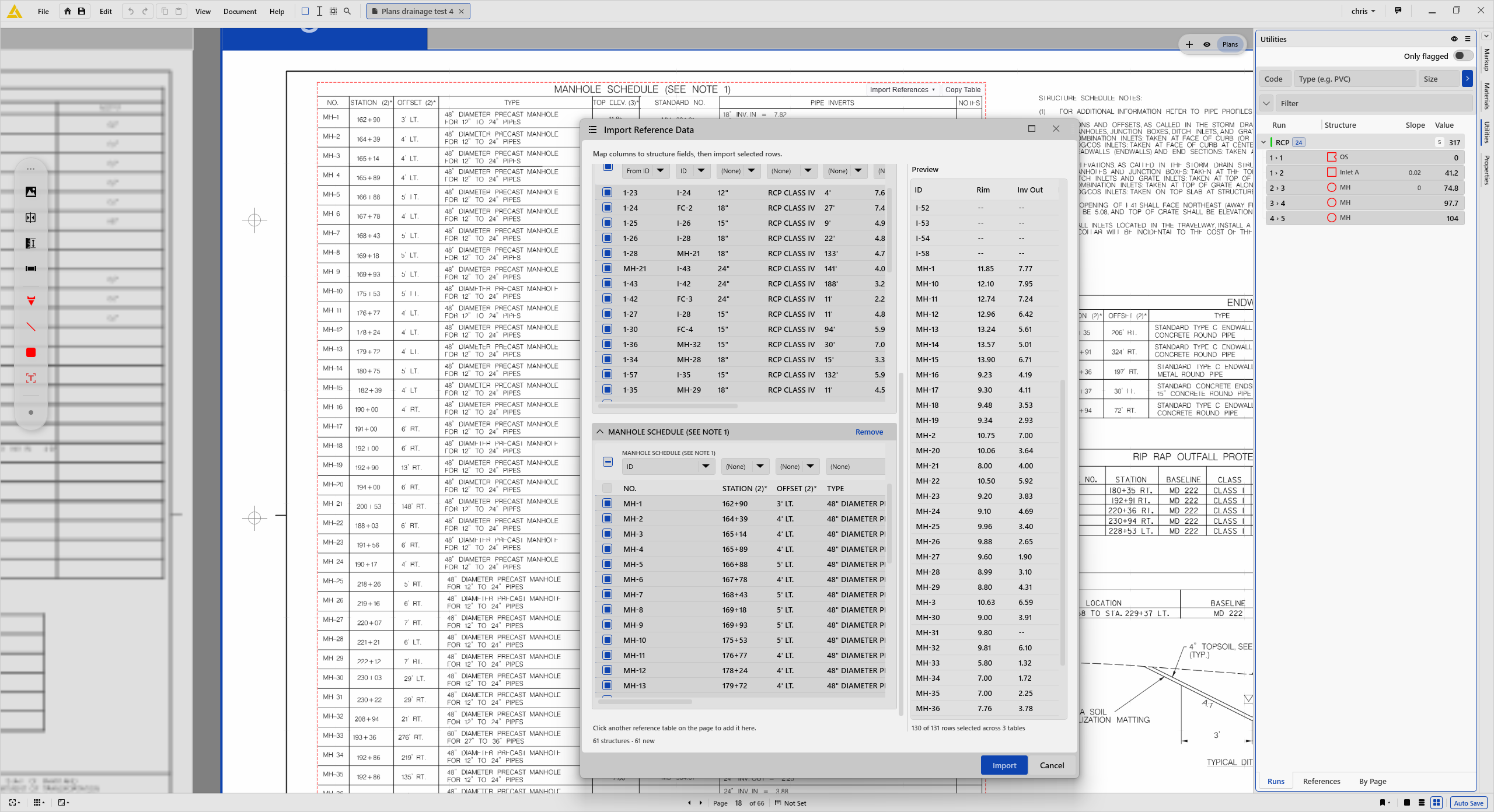 Pipe takeoff with schedule auto-fill of rim and invert elevations