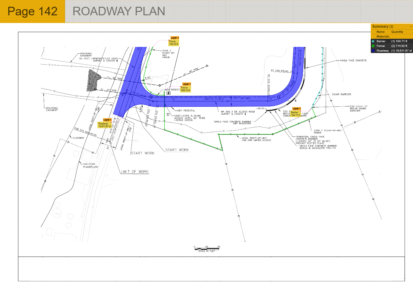 Materials takeoff in Intuitive Takeoff with lengths, areas, and counts measured on a construction plan