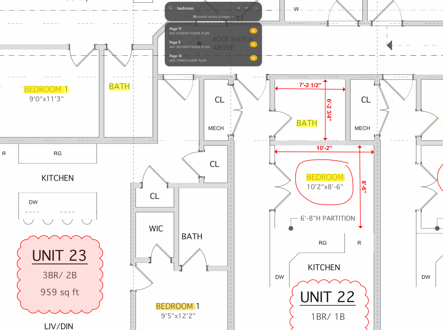 Construction plan markup with clouds, callouts, and dimensions