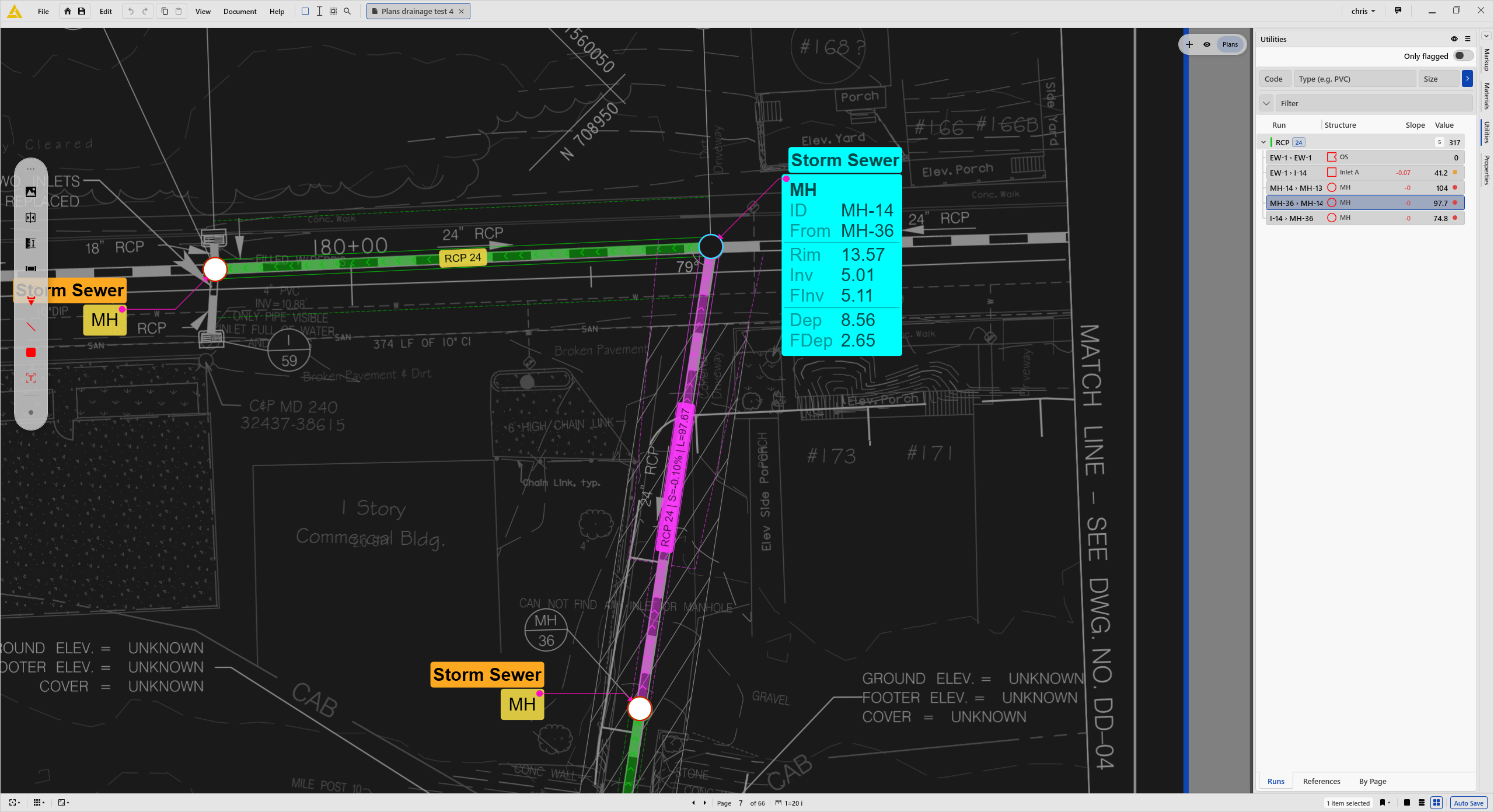 A storm run takeoff with trench excavation quantities in cubic yards